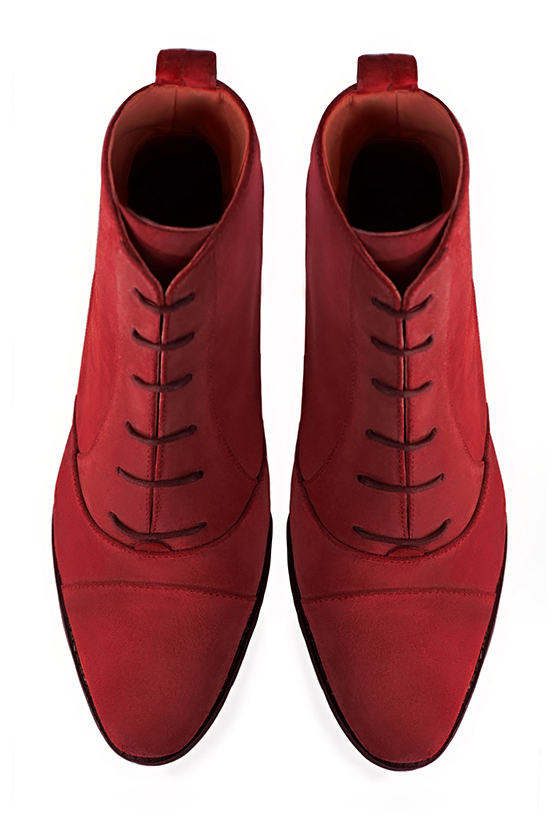 Burgundy red women's ankle boots with laces at the front. Round toe. Flat leather soles. Top view - Florence KOOIJMAN